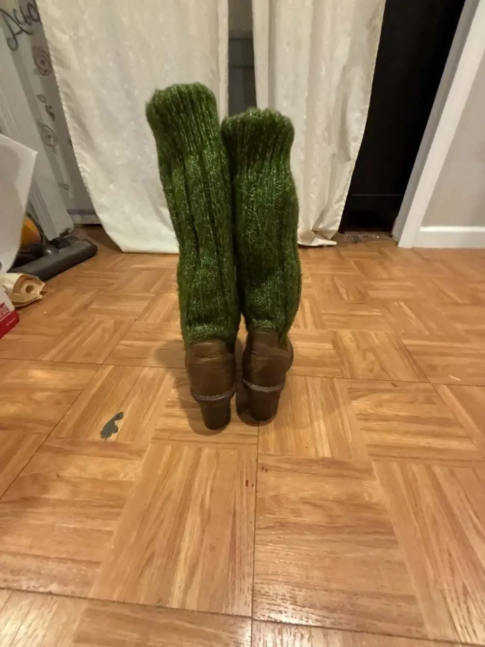 El Naturalista Brown Leather Ankle Boots with Green Knit Leg Warmers
